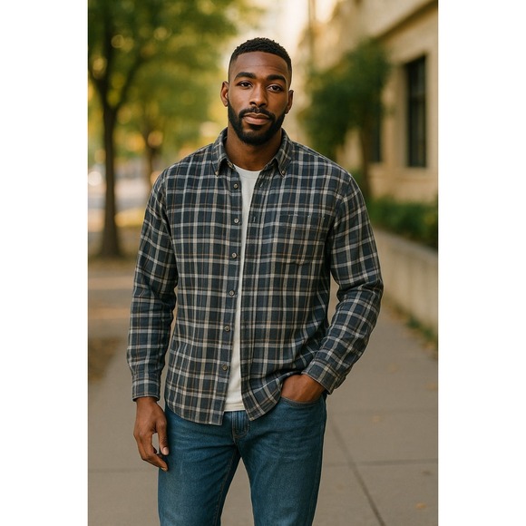 Consensus Sportswear Mens L Gray Plaid Check Long Sleeve Button Up Shirt W/patch - Picture 1 of 8
